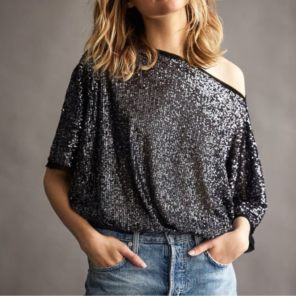 Free People for Anthropologie Supershine black sequin bodysuit S